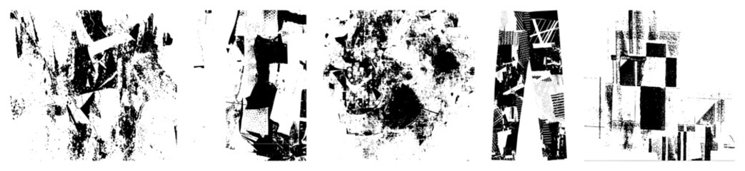 Obraz premium Fragmented black and white vector composition with halftone textures, sharp angular shapes, abstract architecture motifs, graphic design elements, modern art style.