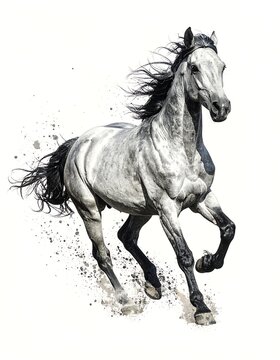 A gray horse with a flowing mane and tail runs dynamically