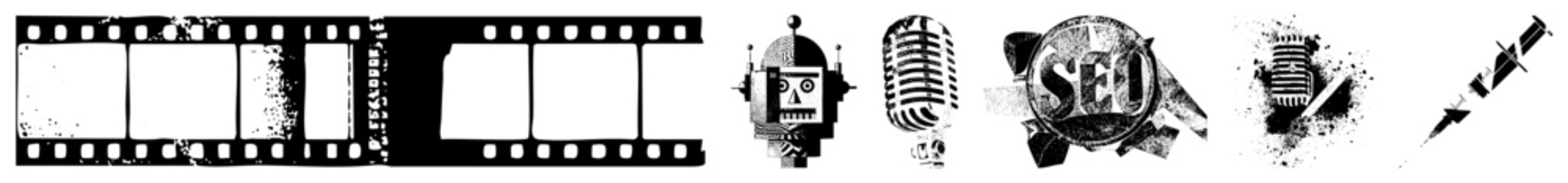 Black and white motion film frames, holes, celluloid texture, cinematic strip, film reel graphic, retro movie aesthetic, analog.