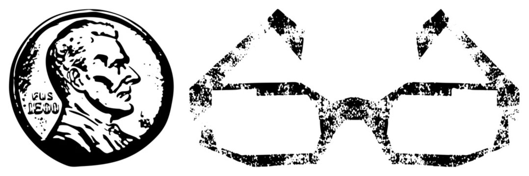 Classic US penny featuring profile, paired with stylized glasses, distressed texture, vector art, retro graphic design.