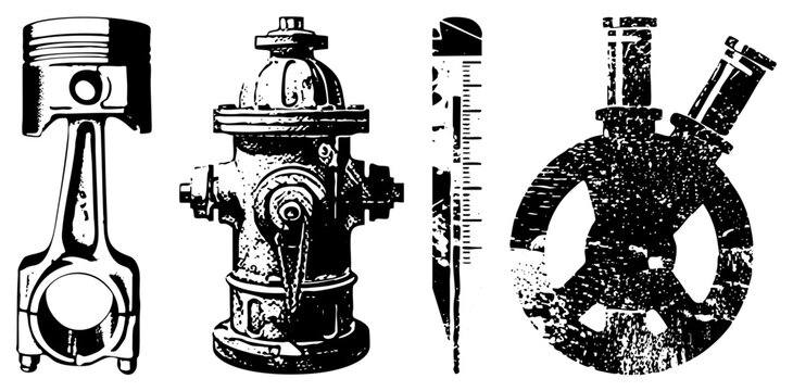 Black and white vector illustrations of industrial, including piston, fire hydrant, ruler, and gear mechanism, rendered in halftone texture for technical or design use.