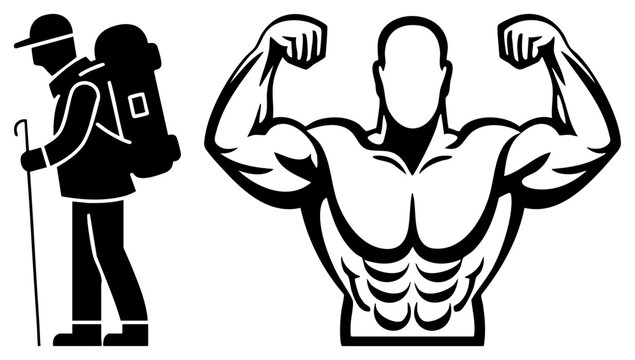 Silhouetted hiker carrying backpack with trekking pole, muscular bodybuilder flexing biceps, bold style, fitness and adventure.