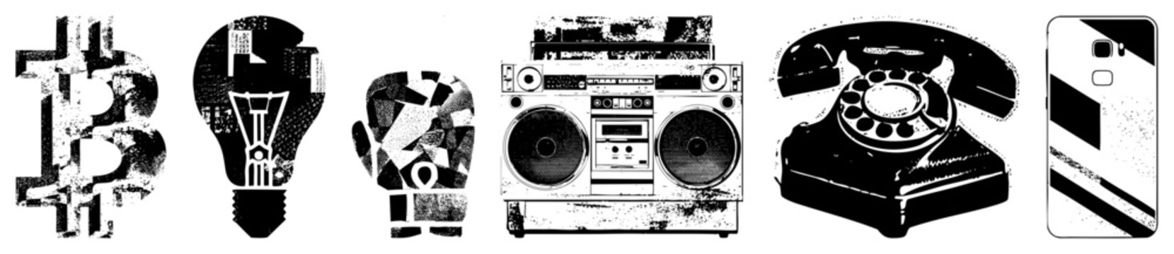 Retro technology symbols including Bitcoin, lightbulb, glove, boombox, rotary phone, and smartphone, stylized with gritty halftone texture and bold for graphic design.