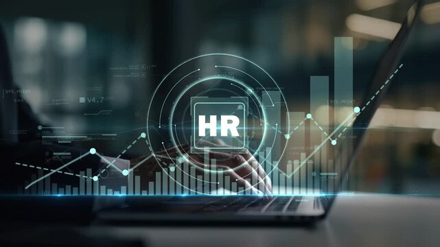 Businessman working on laptop as HR symbol and upward graph appear, representing recruitment performance, workforce development and data-driven business success.