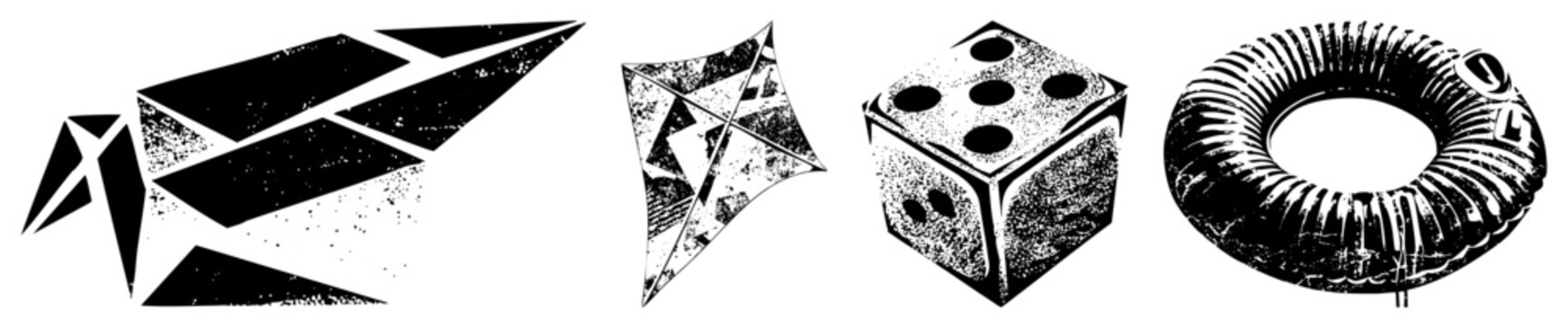 Abstract black and white vector origami bird, geometric kite, die cube, toroidal transformer. Graphic design elements with halftone texture, isolated shapes, flat silhouette style.
