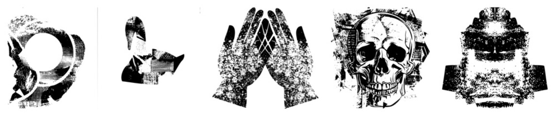 Fototapeta premium Abstract human profiles and hands rendered in gritty halftone, vector art, stylized portraits, graphic design elements, isolated figures.