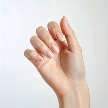 A hand with neatly manicured nails against a plain background