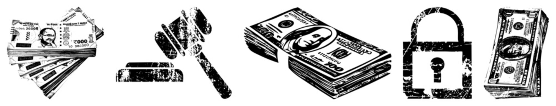 Money stacks, legal gavel, padlock representing financial decisions, legal rulings, money security, wealth management, asset protection.