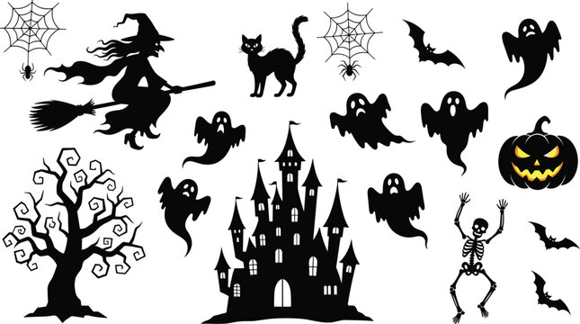 Halloween vector illustration collection, witch, haunted castle, skeleton, ghosts, bats, jack-o&rsquo;-lantern, spooky decorations, festive holiday design elements