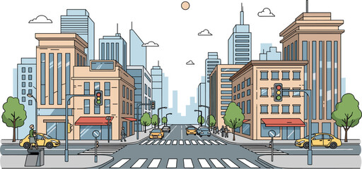 Obraz premium Modern city street landscape vector illustration with skyscrapers crosswalk traffic lights and yellow cars for urban life metropolis and architectural city scene design