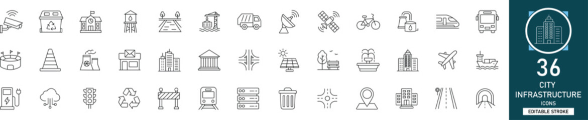 City infrastructure line icon set with 36 icons city, infrastructure, urban, architecture, transport, utility, public, building. Clean linear vector, editable stroke for planning projects. © Minimal Stroke