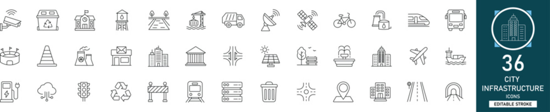 City infrastructure line icon set with 36 icons city, infrastructure, urban, architecture, transport, utility, public, building. Clean linear vector, editable stroke for planning projects.