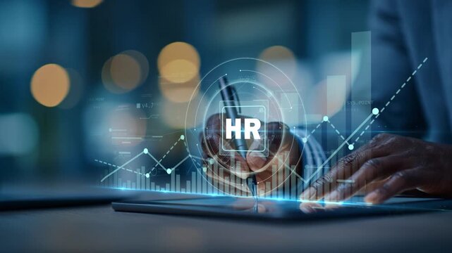Black businessman using tablet as HR icon and rising graph appear, representing inclusive workforce growth, leadership, diversity and modern business development.