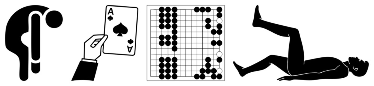 Black silhouette of poker player, Go board, and yoga pose, vector art, isolated figures, flat design, gaming and wellness symbols.