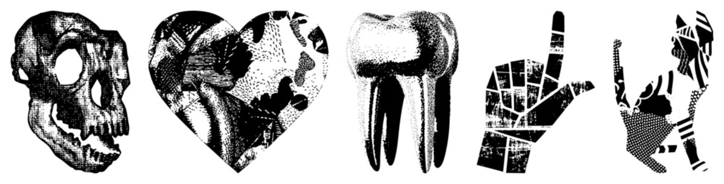 Vector halftone illustrations of skull, heart, molar, rock hand, and cat,, stylized, graphic design elements, isolated symbols.