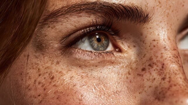 Close-up Macro Shot of a Womans Eye with Natural Freckles.