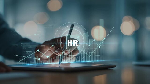 Businessman using tablet as HR symbol and rising graph appear, representing workforce growth, recruitment, business development and data-driven performance.