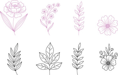 Naklejka premium Minimal floral line art collection elegant flowers leaves botanical vector illustration set delicate outline design for decorative natural elements