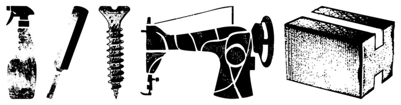 Spray bottle, chisel, screw, sewing machine, foam block classic tools and items rendered in gritty vector art,, industrial aesthetic, isolated foreground elements.