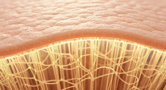 A microscopic view of human skin layers showing the network of collagen fibers beneath the surface