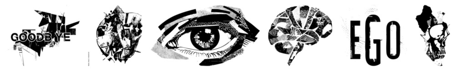 Obraz premium Graphic eye with fragmented halftone texture, ego brain silhouette, goodbye text art, psychological symbols, stylized typography, vector design.