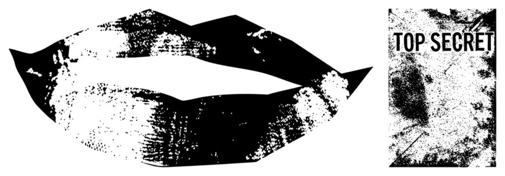 Distressed lips graphic with "TOP SECRET" sticker, stylized mouth, espionage theme, black and white halftone texture, classified, secret agent motif.