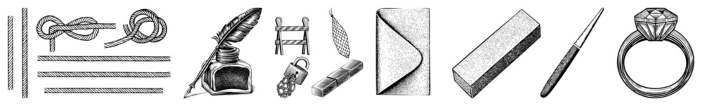 Feather quill pen, inkwell, padlock, diamond ring, pencil, envelope, rope knots classic symbols of communication, security, and elegance rendered in detailed art.