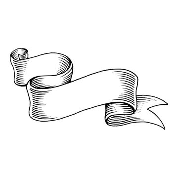 wave style ribbon banner with curled ends drawn in engraving line art style