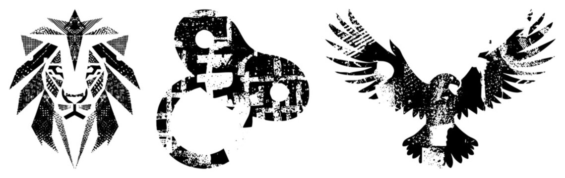 Triptych of stylized animal and symbol rendered in black halftone, geometric, and distressed textures. Lion head, yin yang, and eagle in vector art style.