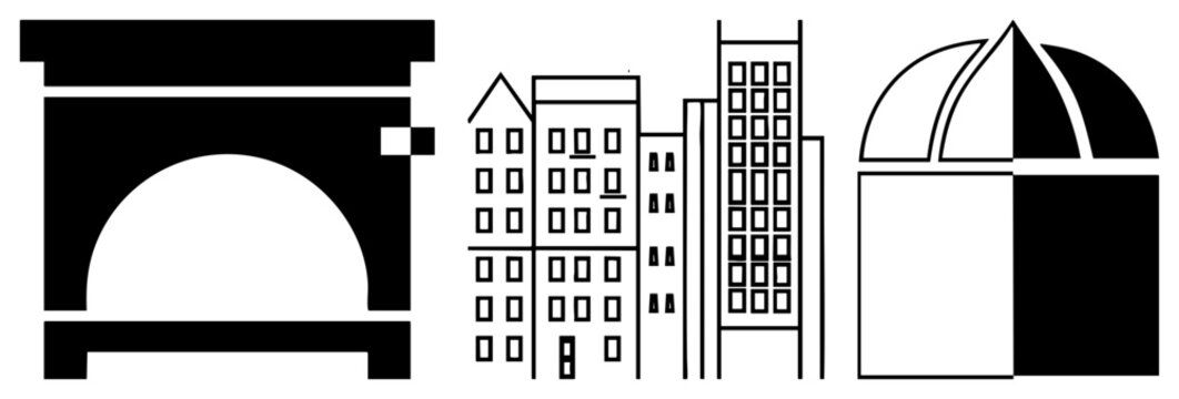 Black and white cityscape with arch bridge, modern skyscrapers, and domed structure, minimalist style, urban graphic, architectural set.