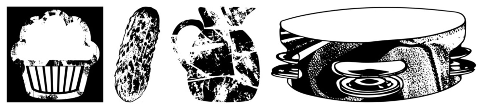 Vintage halftone food with distressed texture, cupcake with frosting, pickle spear, pitcher, layered sandwich, stylized food graphics.