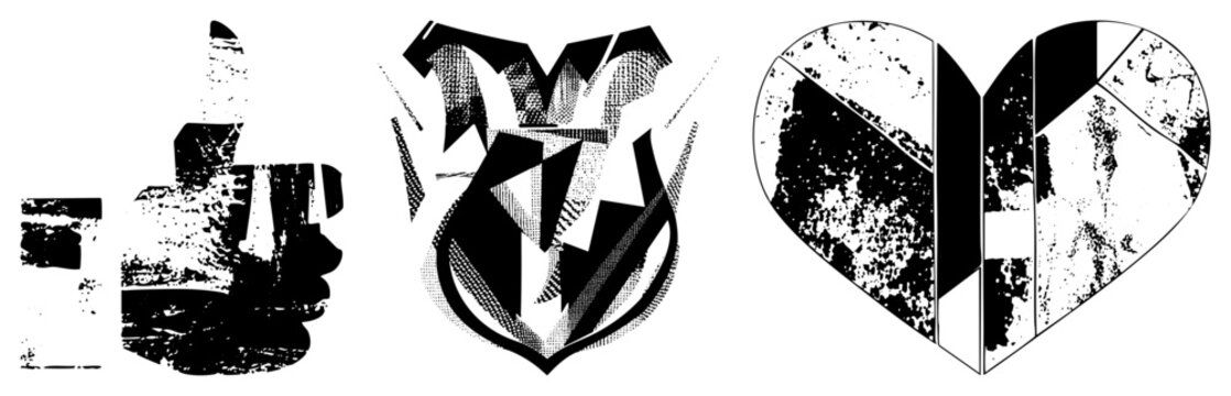 Distressed vector thumbs up, shield, fragmented heart. Graphic design elements with halftone texture and gritty aesthetic. Ideal for digital, branding, or UI.