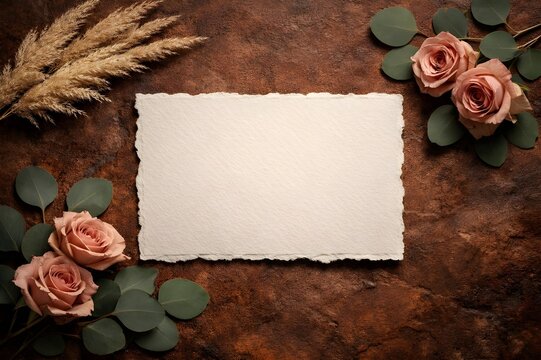 Elegant Blank Card Mockup with Roses and Pampas on Terracotta