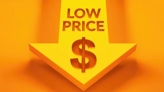Bright three dimensional orange arrow pointing down signals a dramatic low price reduction with a prominent dollar symbol