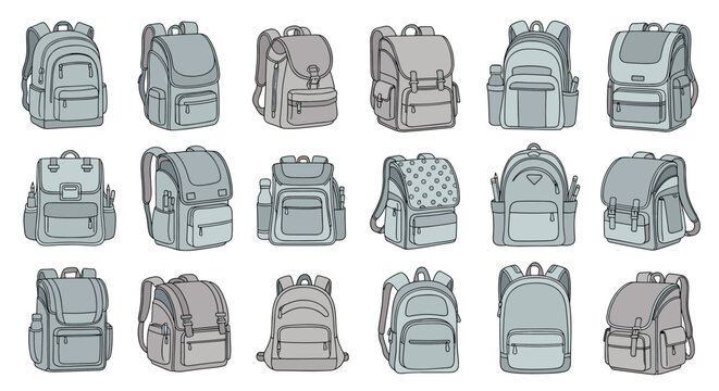 Diverse collection of backpack styles and designs is presented in a monochromatic grid for travel and school equipment selection.