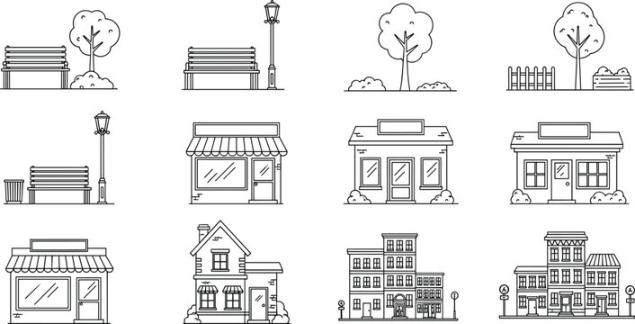 Small business storefronts and city park elements line art vector set with shops houses benches trees and urban buildings