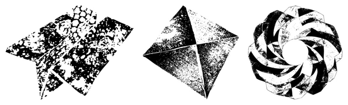 Three stylized abstract forms rendered in halftone with grunge texture fractured plane, angular, and spiraling vortex ideal for graphic design, print, or digital art projects.