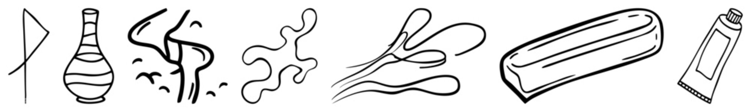 Minimalist vector illustrations of vase, smoke swirl, bar soap, toothpaste tube, and flagpole, rendered in clean, ideal for graphic design or sets.