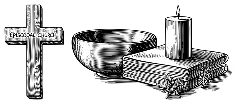 Wooden labeled "Episcopal Church" beside communion bowl, candle, and open book, sacred elements, liturgical objects, faith symbols, worship items.