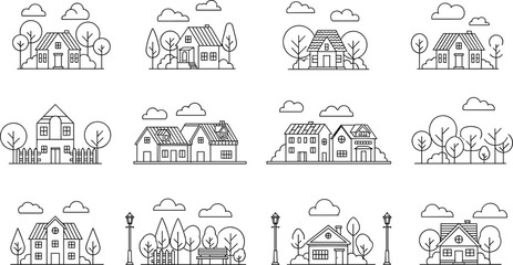 Residential house and neighborhood line art vector set with suburban homes trees park clouds and property architecture elements © Bappi