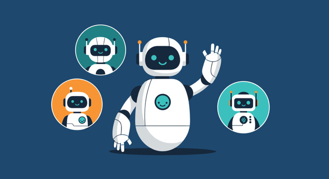 Diverse set of friendly robot chatbots and AI assistant icons displayed on a dark blue background for modern tech customer service.