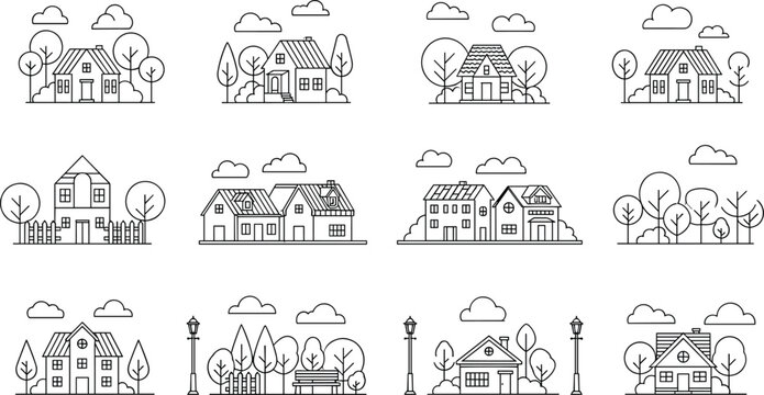 Residential house and neighborhood line art vector set with suburban homes trees park clouds and property architecture elements