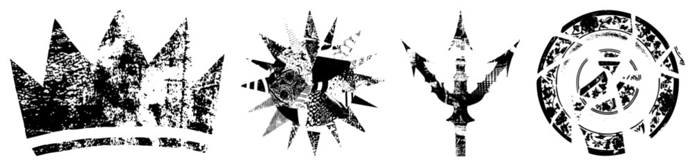 Obraz premium Distressed black and white vector crown, sunburst, trident, circular emblem. Stylized symbols with gritty texture, ideal for logos or graphic design projects.