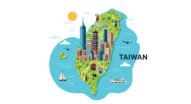 Illustrated map of Taiwan island showing major cities, landmarks, nature trails, and surrounding ocean with boats and marine life.