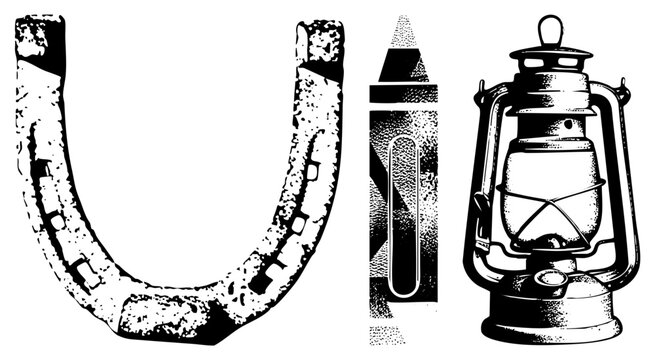 Rustic horseshoe with nail holes, vintage crayon with textured body, classic oil lantern with glass globe all in halftone vector style.