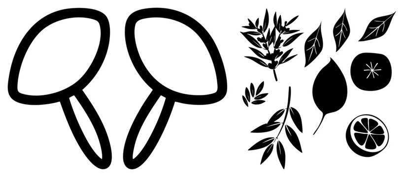 Stylized kitchen tools and botanicals in bold art, including ladles, olive sprigs, lemon slices, and bay leaves, minimalist culinary.