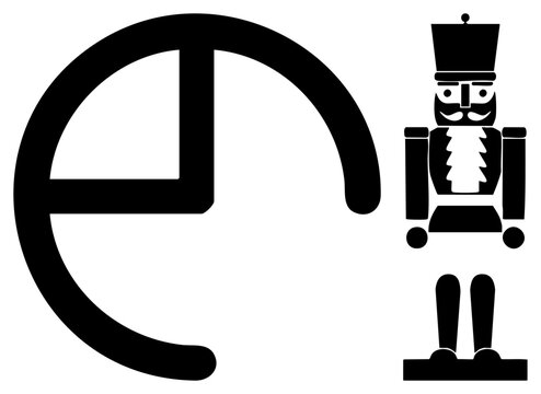 Holiday nutcracker toy soldier with festive uniform, stylized clock face symbol, minimalist black vector, Christmas decor, seasonal design elements.
