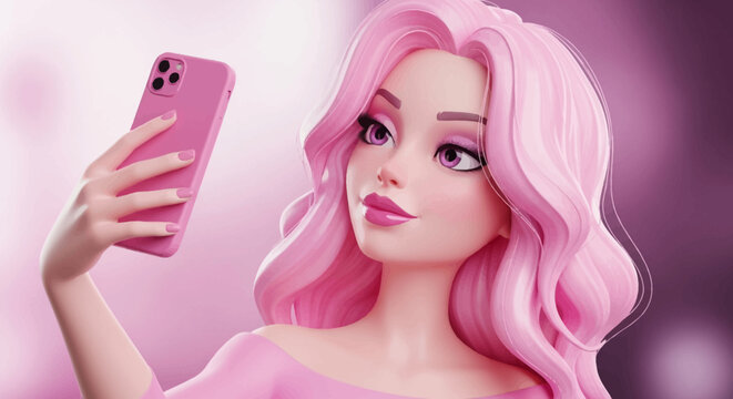 3D Barbie-style woman with pink hair taking a selfie with a pink smartphone