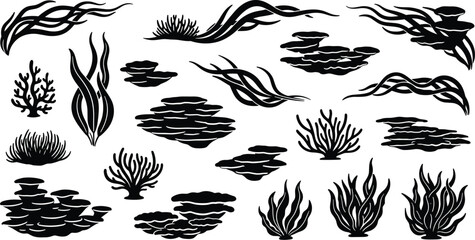 Underwater Seaweed and Coral Reef Silhouette Icon Set with Marine Algae Ocean Plants and Seabed Elements Collection for Aquarium Biology Education and Graphic Design Projects © Kamrun