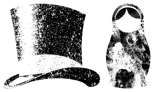 Classic top hat and Russian nesting doll rendered in halftone, graphic design, retro style, isolated vector, black and white dotted texture.